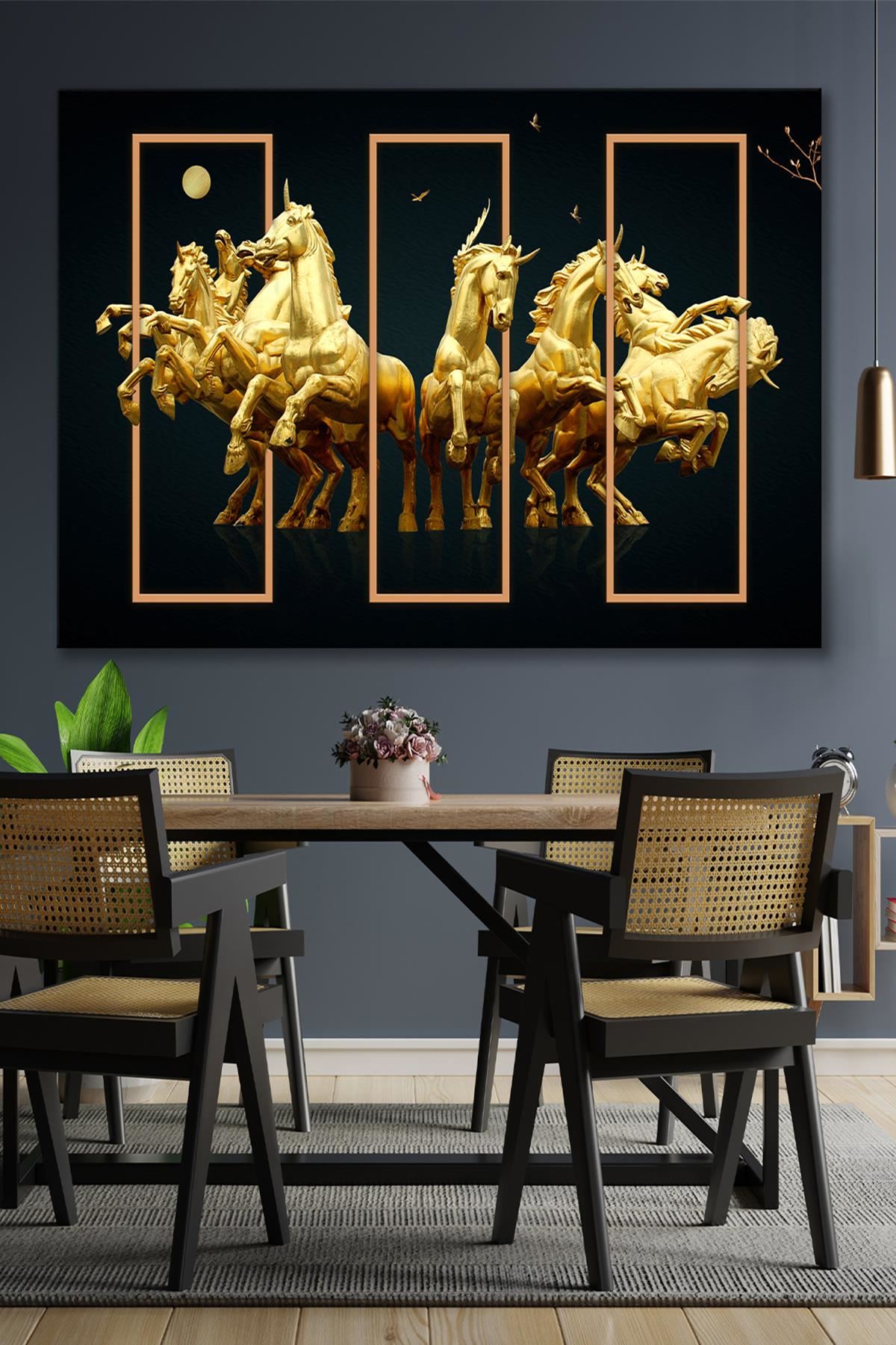 Altın Renkli Atlar  Kanvas Duvar Tablo 4452280