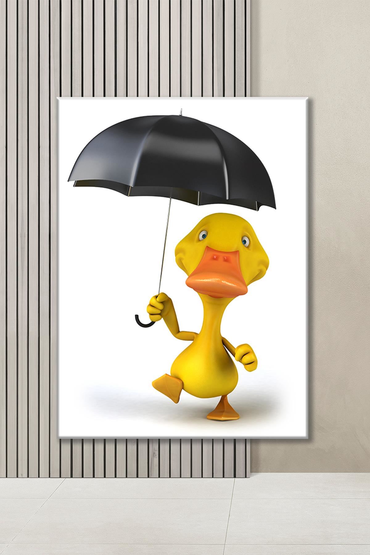 Şemsiye İle Yürüyen Animasyon Ördek Art Kanvas Tablo 2221626