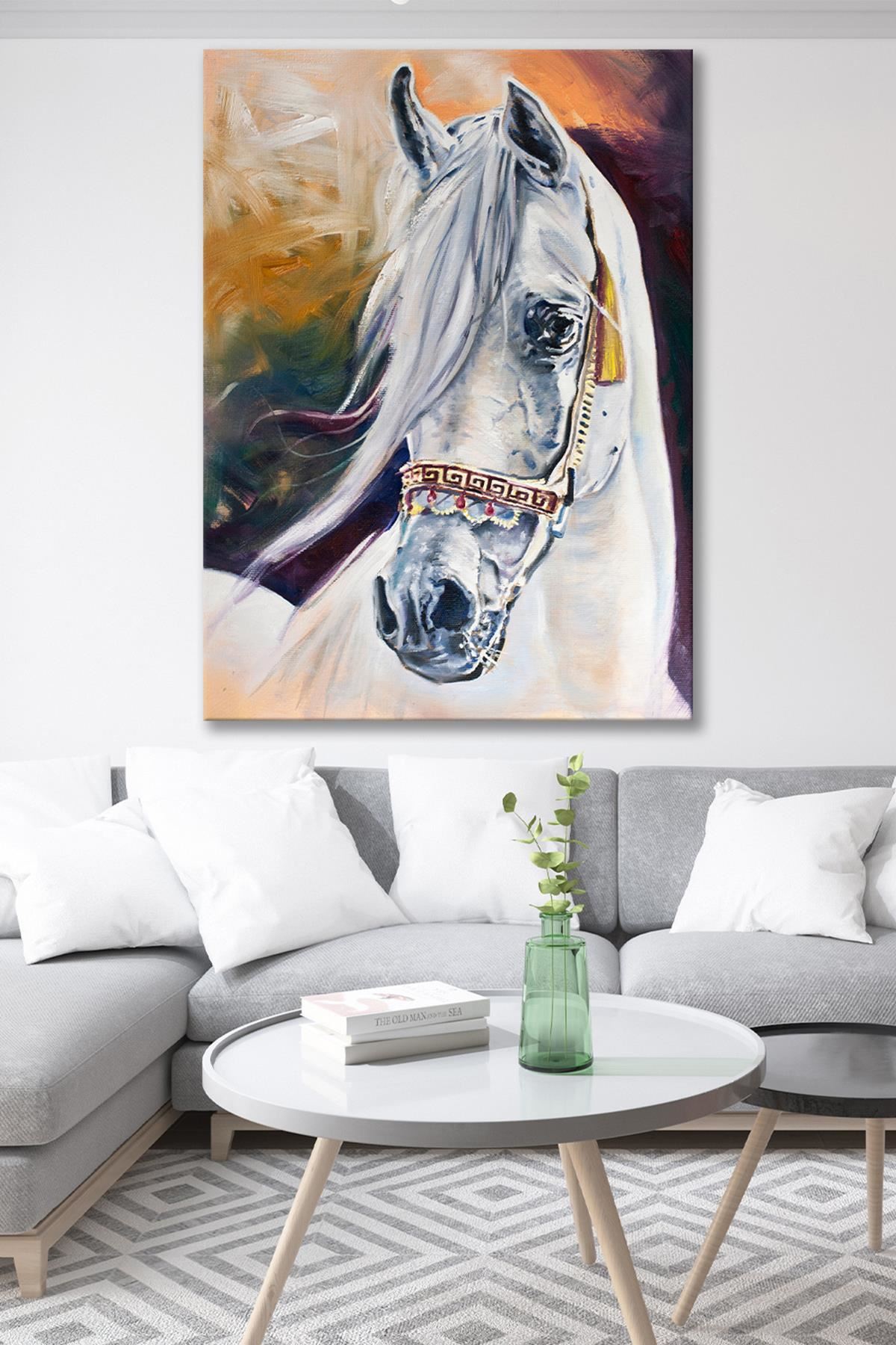 Beyaz At Yağlı Boya Efektli Kanvas Duvar Tablo 4452248