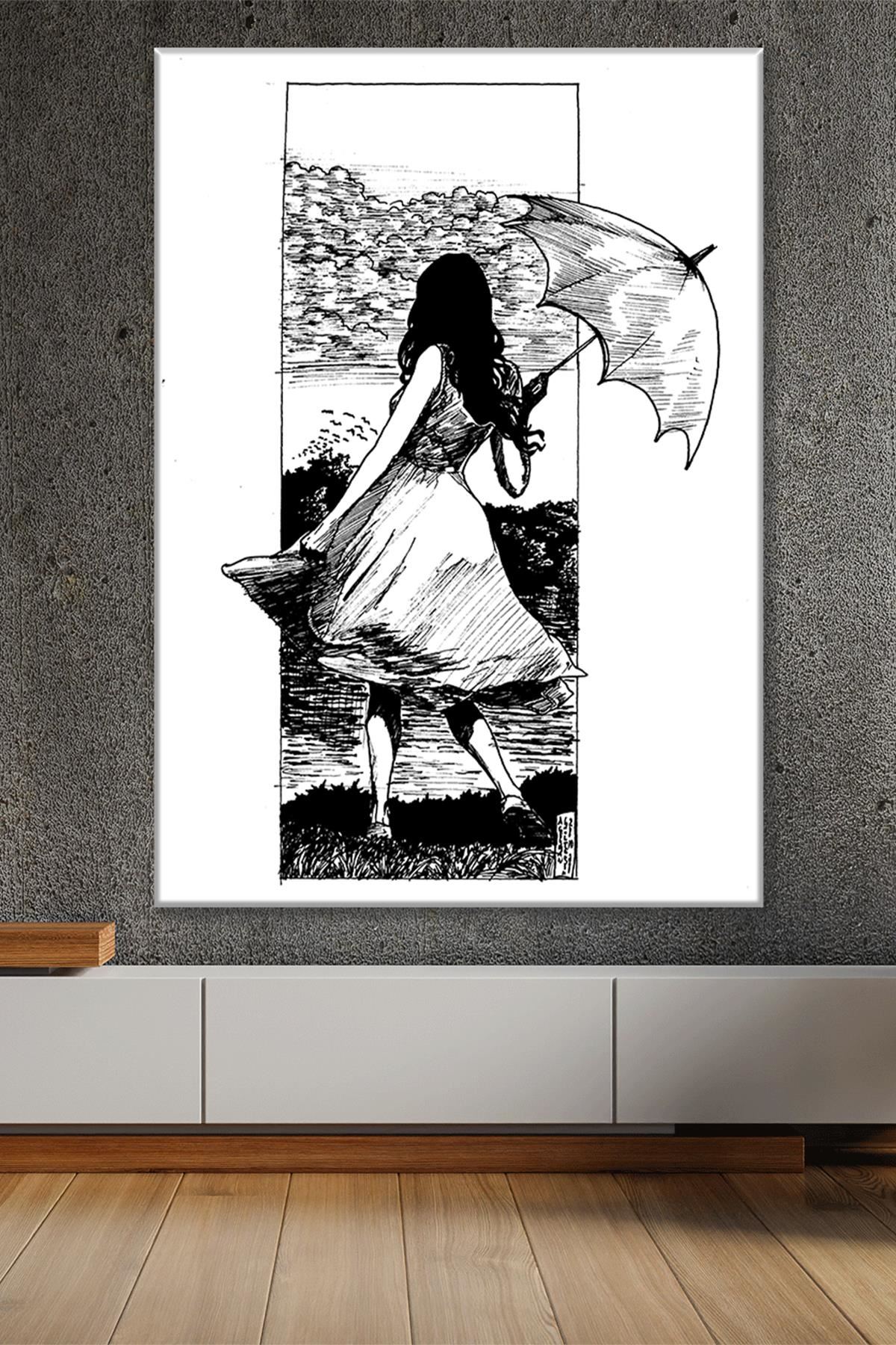 Şemsiyeli Kız Siyah Beyaz Duvar Kanvas Tablo 3322069