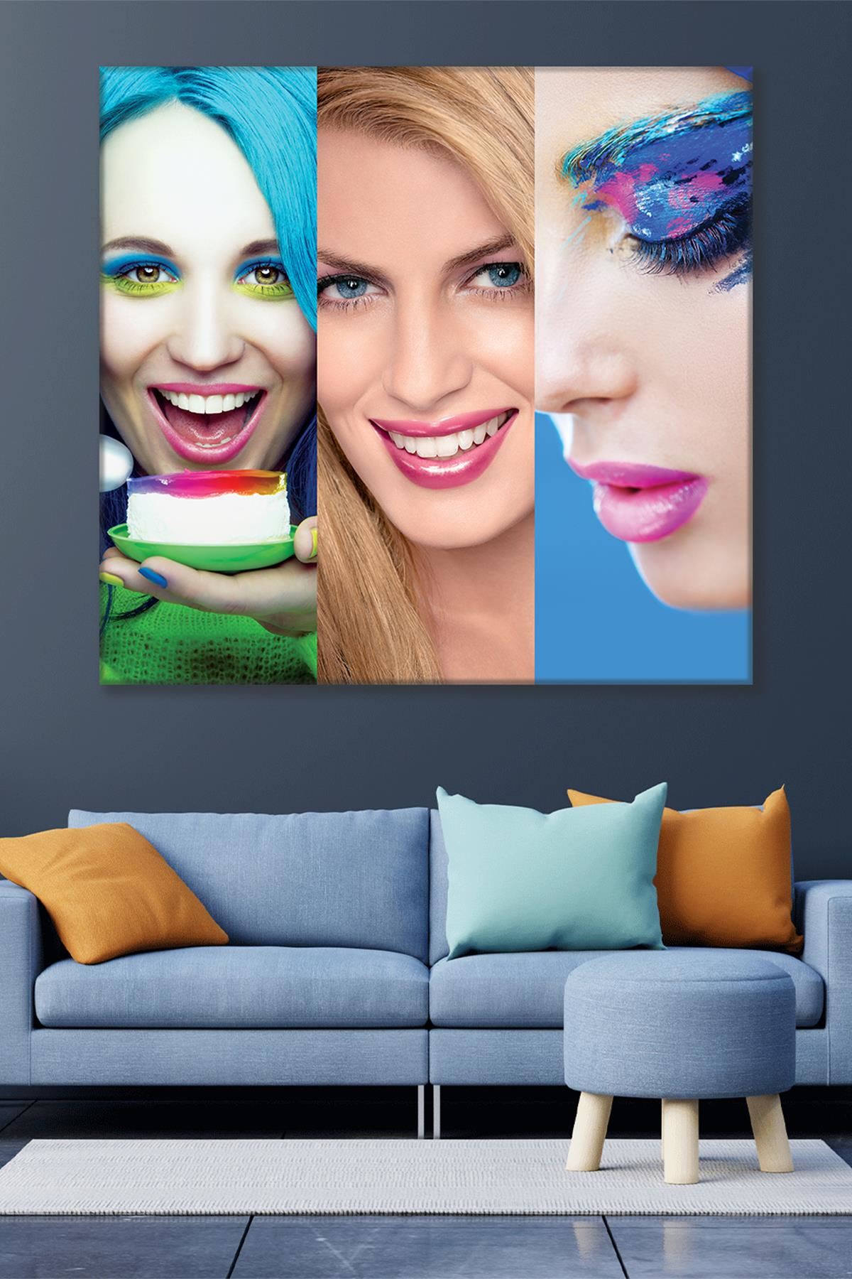 Renkli Makyajlı Üçlü Kadın Duvar Kanvas Tablo 3322009
