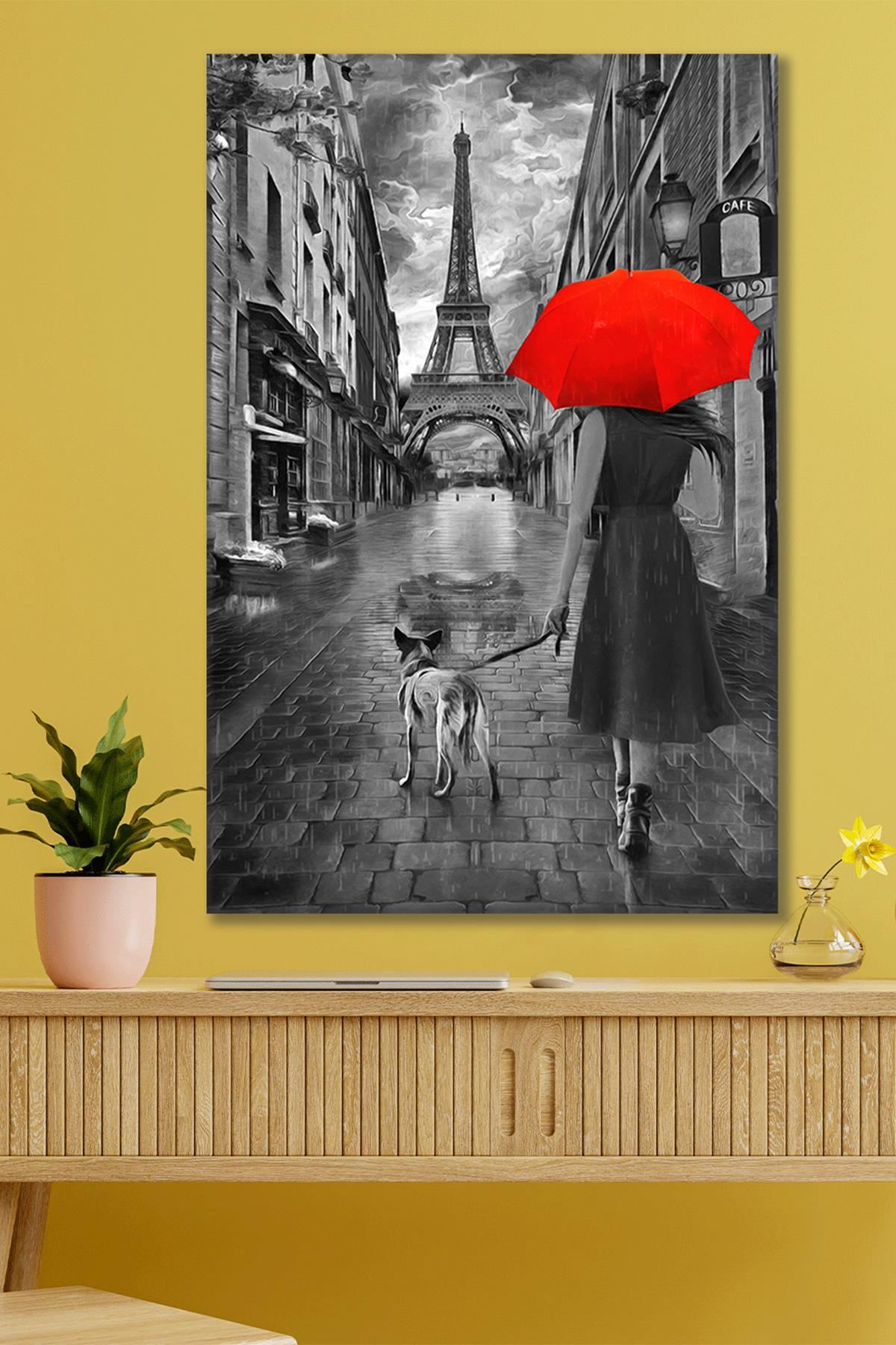 Paris'te Kırmızı Şemsiyeli Kadın Kanvas Duvar Tablo 3322350