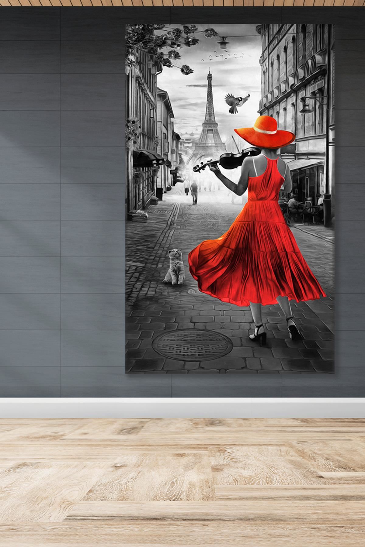 Paris'te Keman Çalan Kırmızı Elbiseli Kadın Kanvas Duvar Tablo 3322374