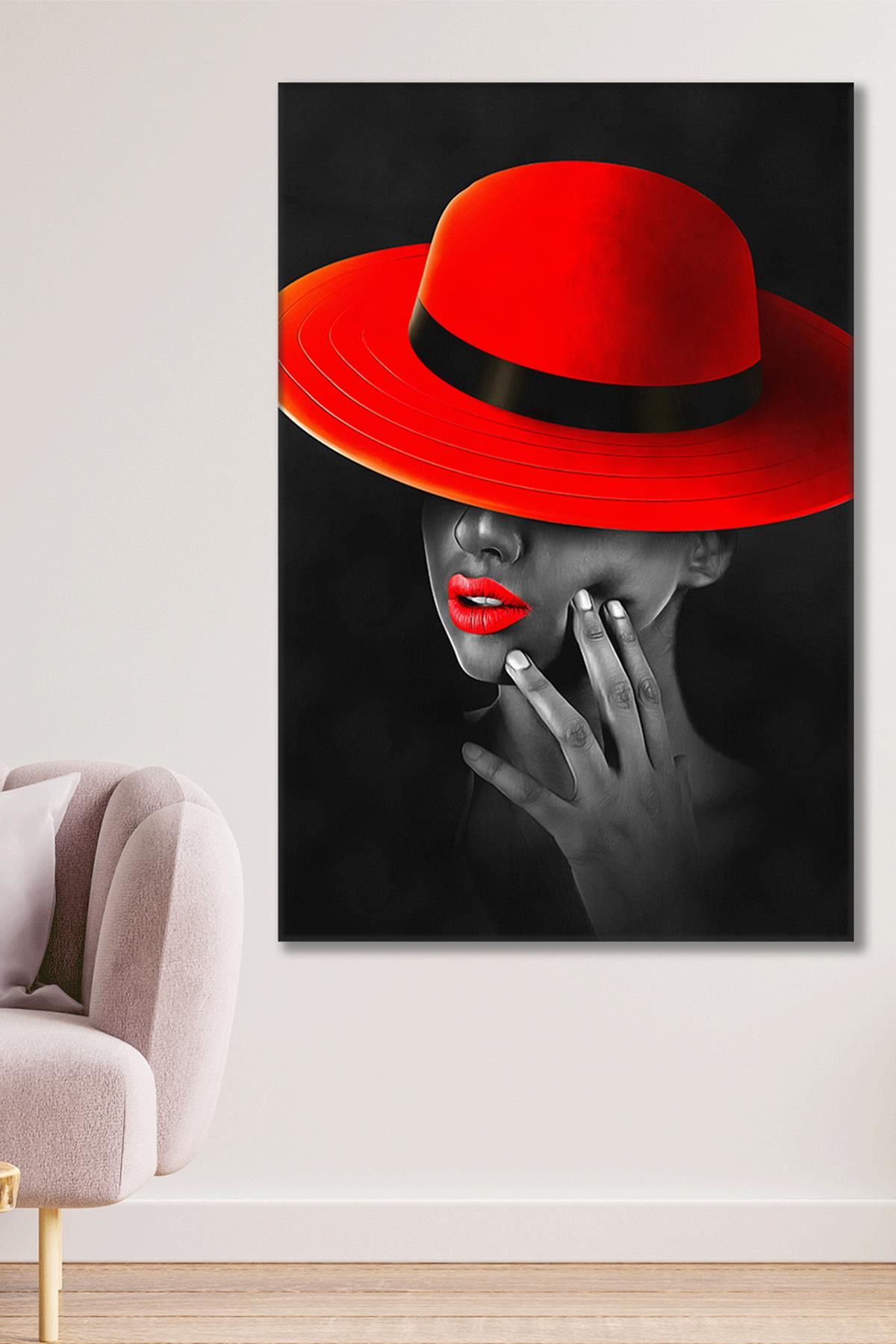 Kırmızı Şapkalı ve Rujlu Kadın Kanvas Duvar Tablo 3322610