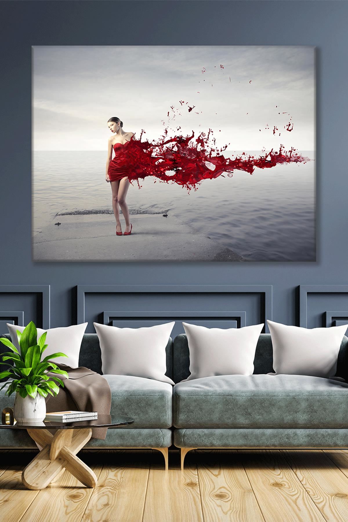 Kırmızı Topuklu ve Elbiseli Kadın Kanvas Duvar Tablo 3322463