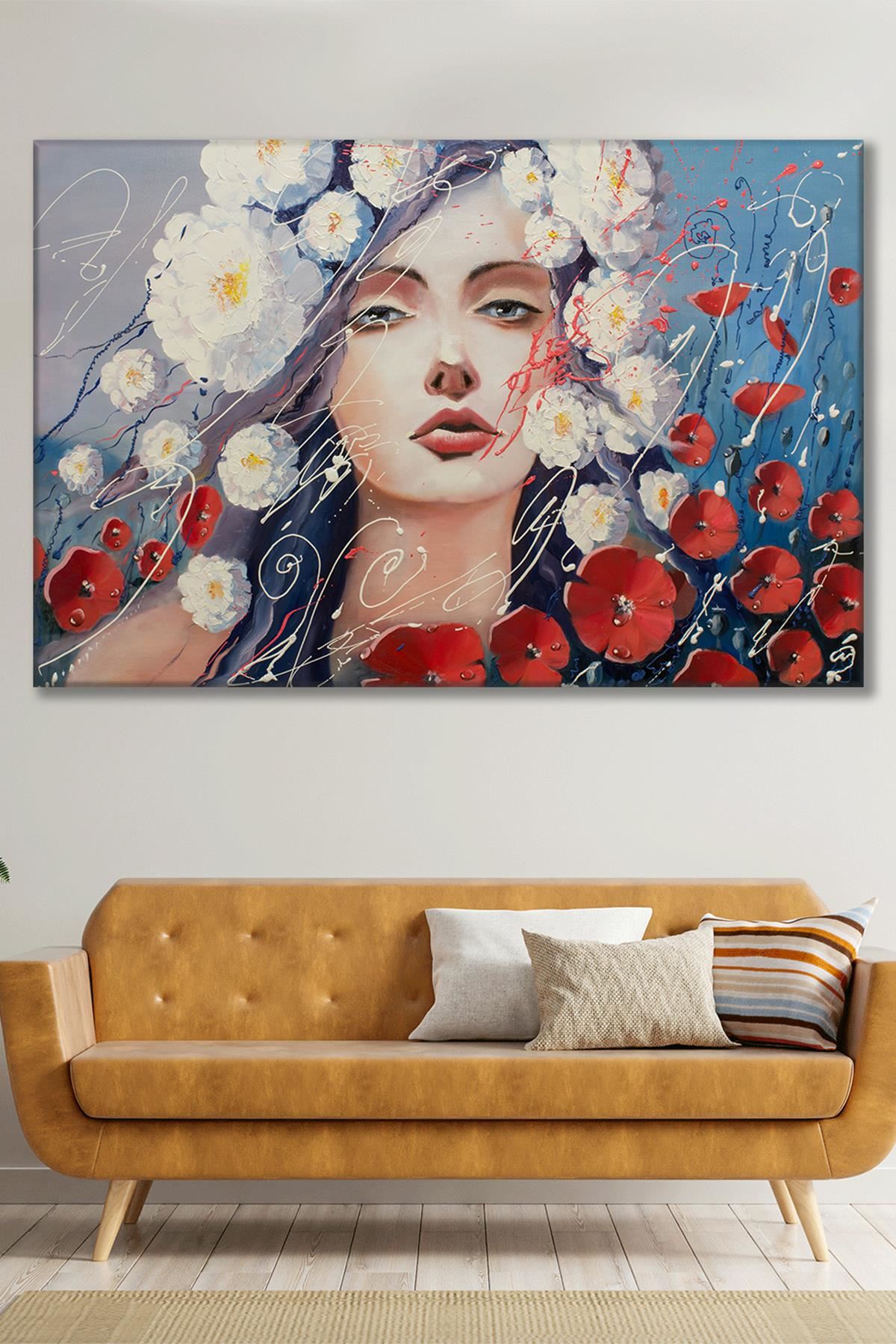 Kırmızı ve Beyaz Çiçekli Modern Kadın Kanvas Duvar Tablo 3322340