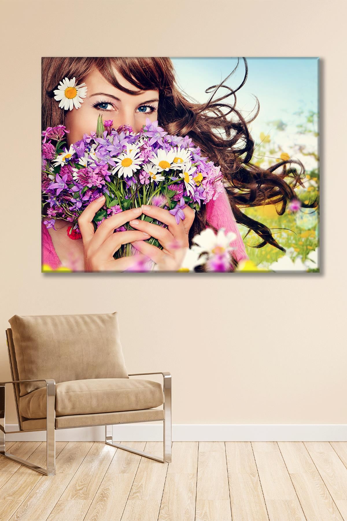 Çiçekli Mutlu Kadın Duvar Kanvas Tablo 3322093