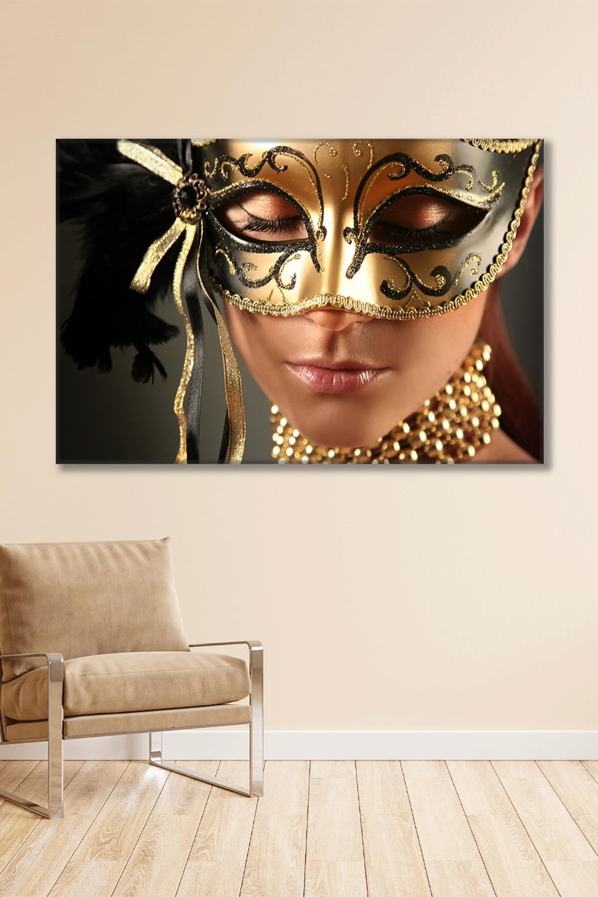 Altın Renkli Maskeli Kadın Duvar Kanvas Tablo 3322107