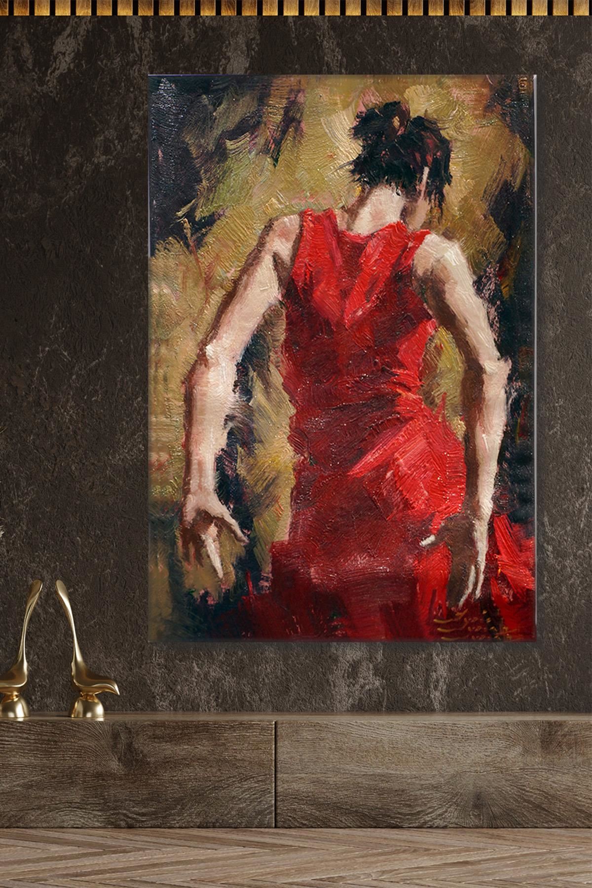 Akrilik Boyalı Kırmızı Elbiseli Kadın Duvar Kanvas Tablo 3322181