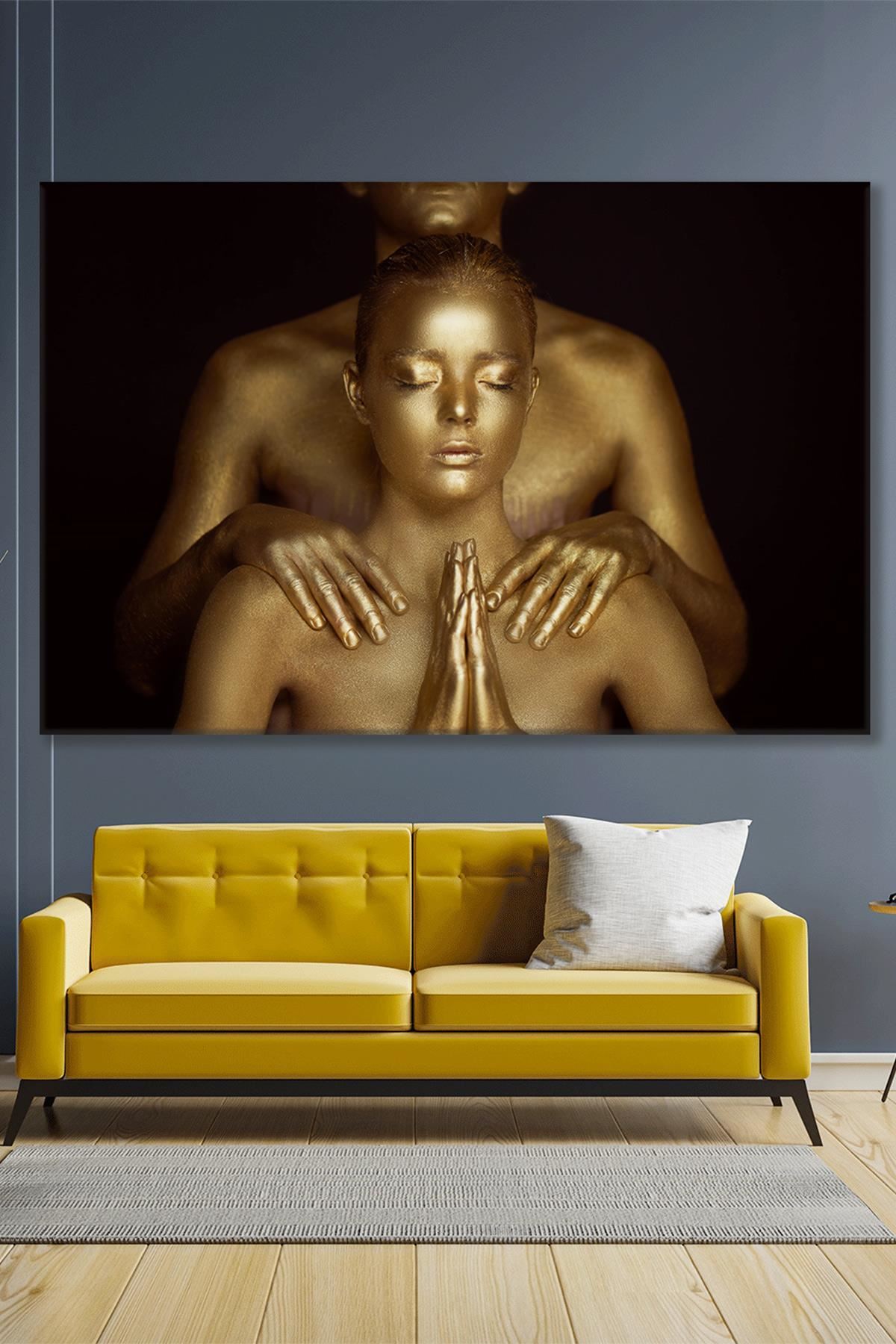 Altın Renkli Yoga Yapan Kadın Kanvas Duvar Tablo 3322277