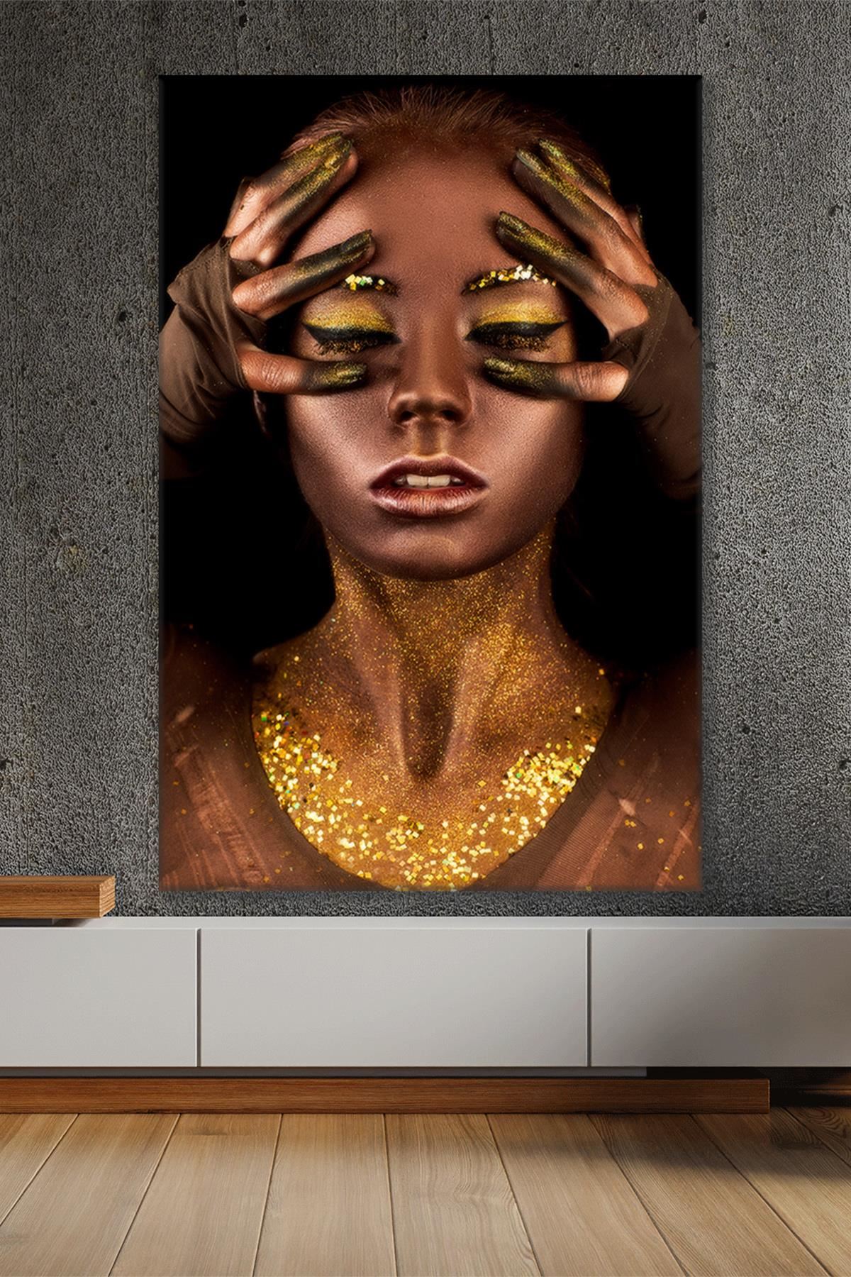 Altın Renkli Makyajlı Kadın Kanvas Duvar Tablo 3322604