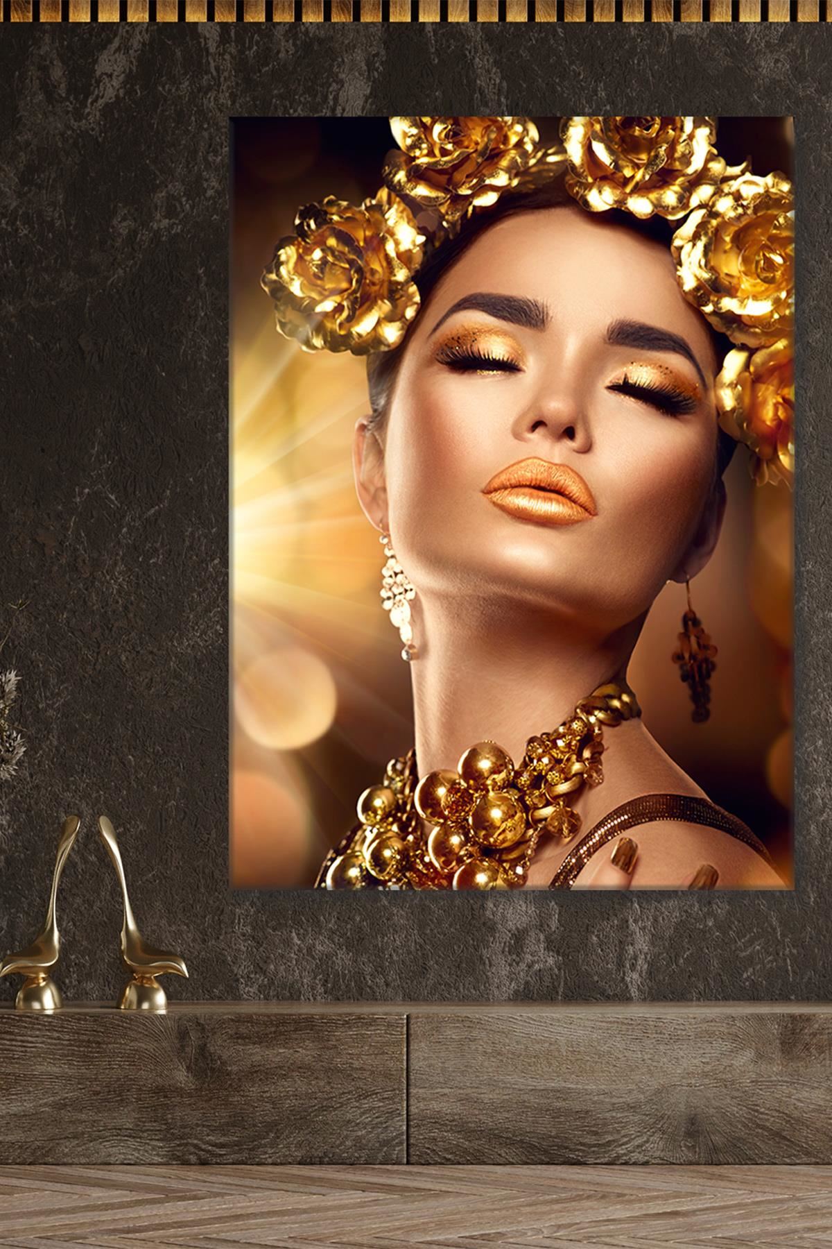 Altın Çiçekli Kadın Yüzü Kanvas Duvar Tablo 3322779
