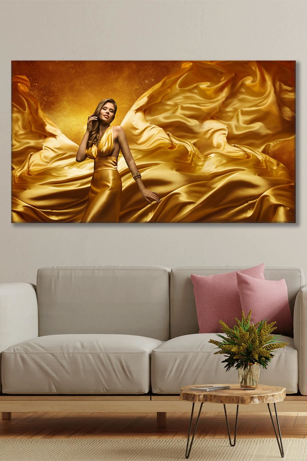 Altın Renk Elbiseli Etekleri Uçuşan Kadın Kanvas Duvar Tablo 3322342