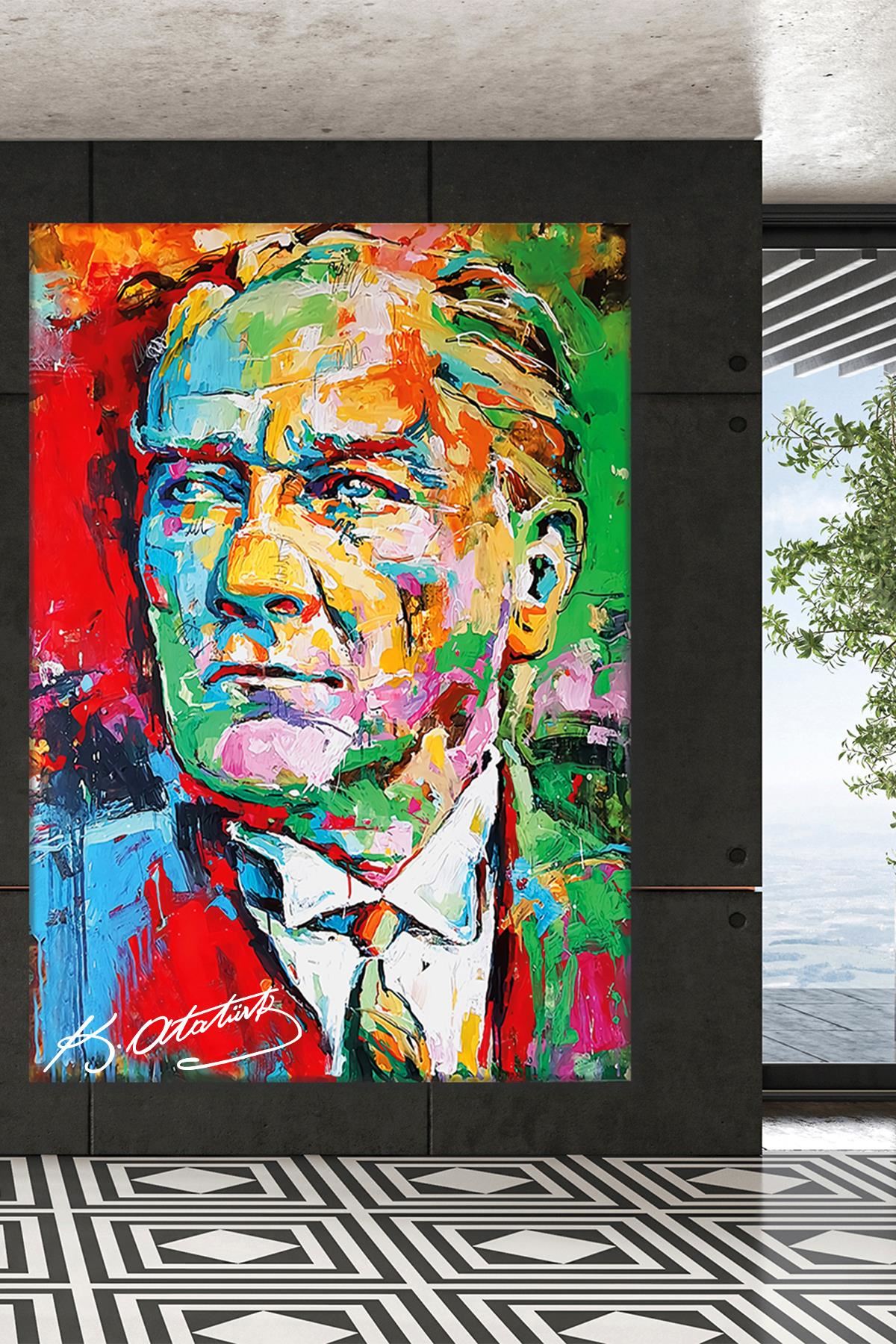 Renkli Atatürk Resmi Yağlı Boya Efektli Kanvas Duvar Tablo 221468