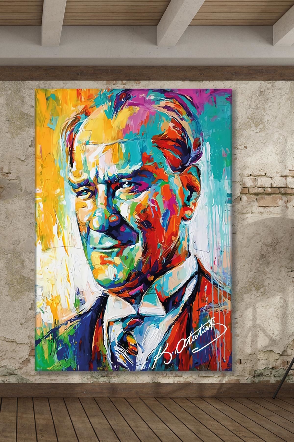 Renkli Atatürk Portresi Yağlı Boya Efektli Kanvas Duvar Tablo 221456