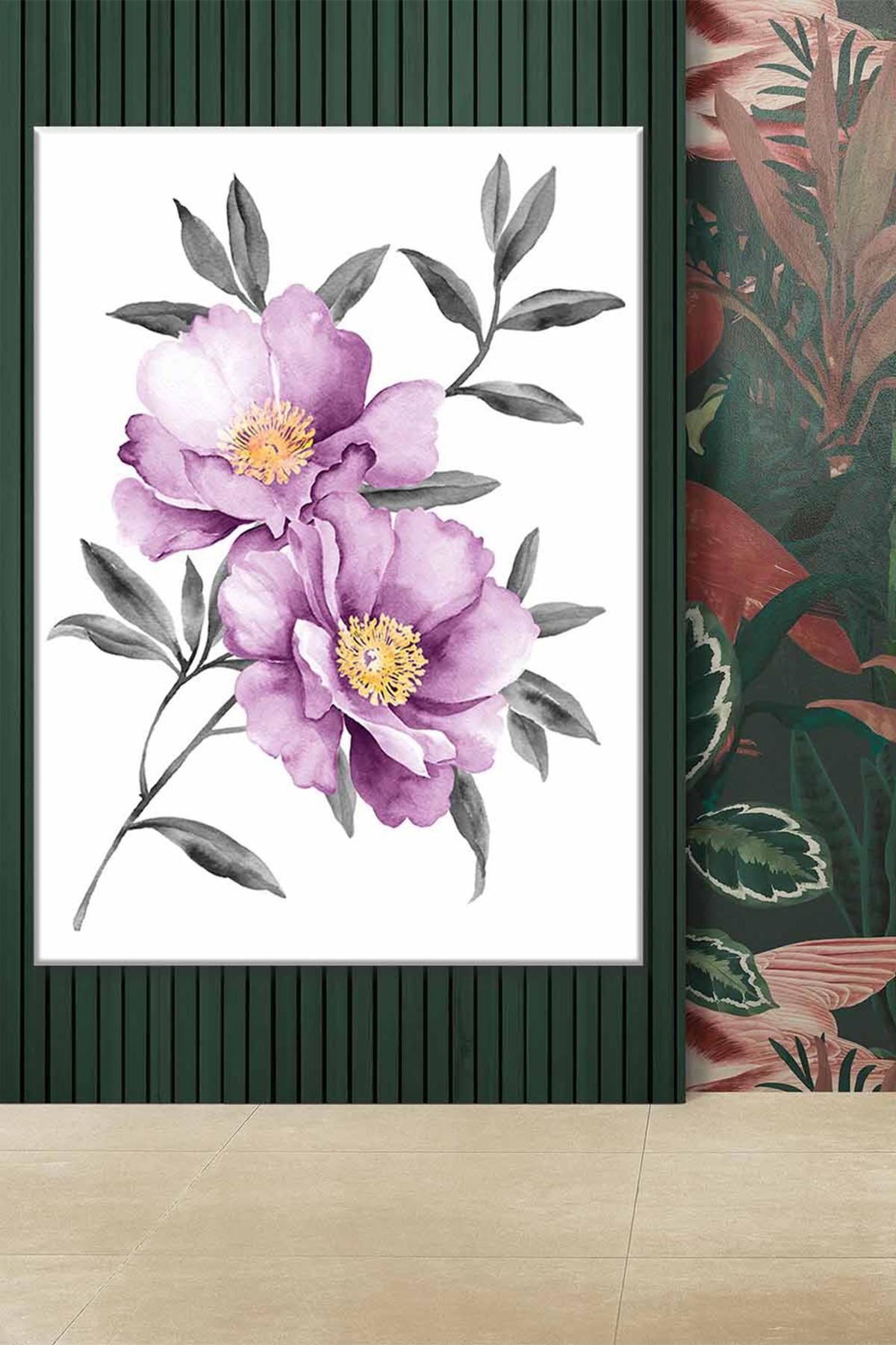 Gri Dallı Mor Çiçekler Sulu Boya Efektli Art Kanvas Tablo 2221871