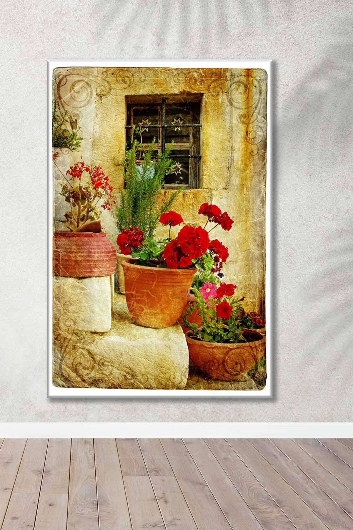 Merdivende Sıralı Saksıda Kırmızı Çiçekler Art Kanvas Tablo 2221818
