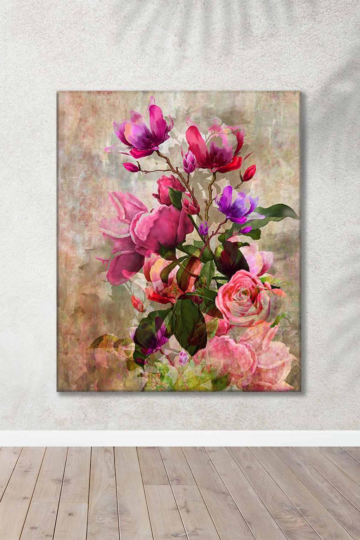 Pembe Mor Çiçekler Yağlı Boya Efektli Art Kanvas Tablo 2221864