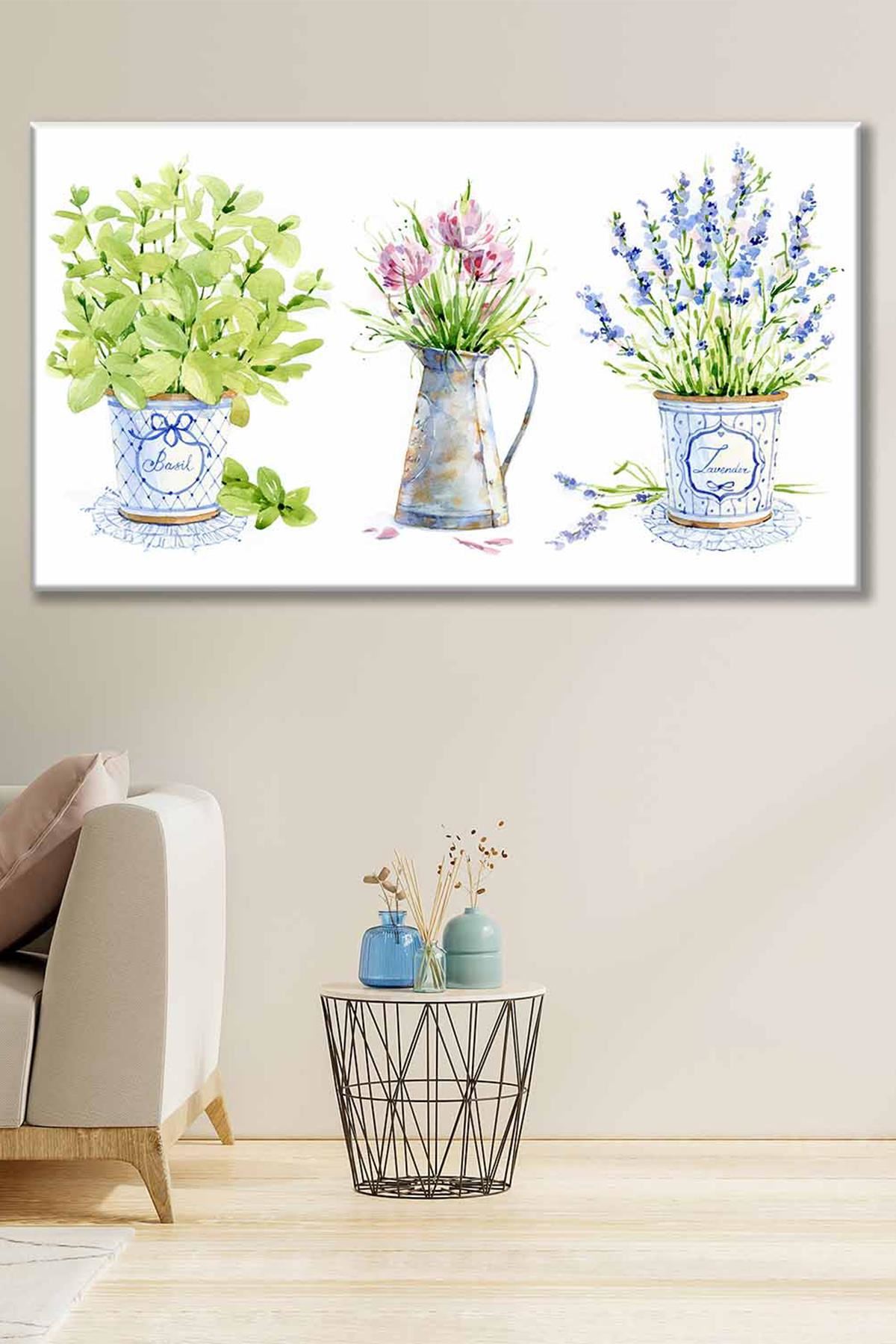 Mavi Beyaz Vazolarda Çiçekler Sulu Boya Efektli Art Kanvas Tablo 2221845