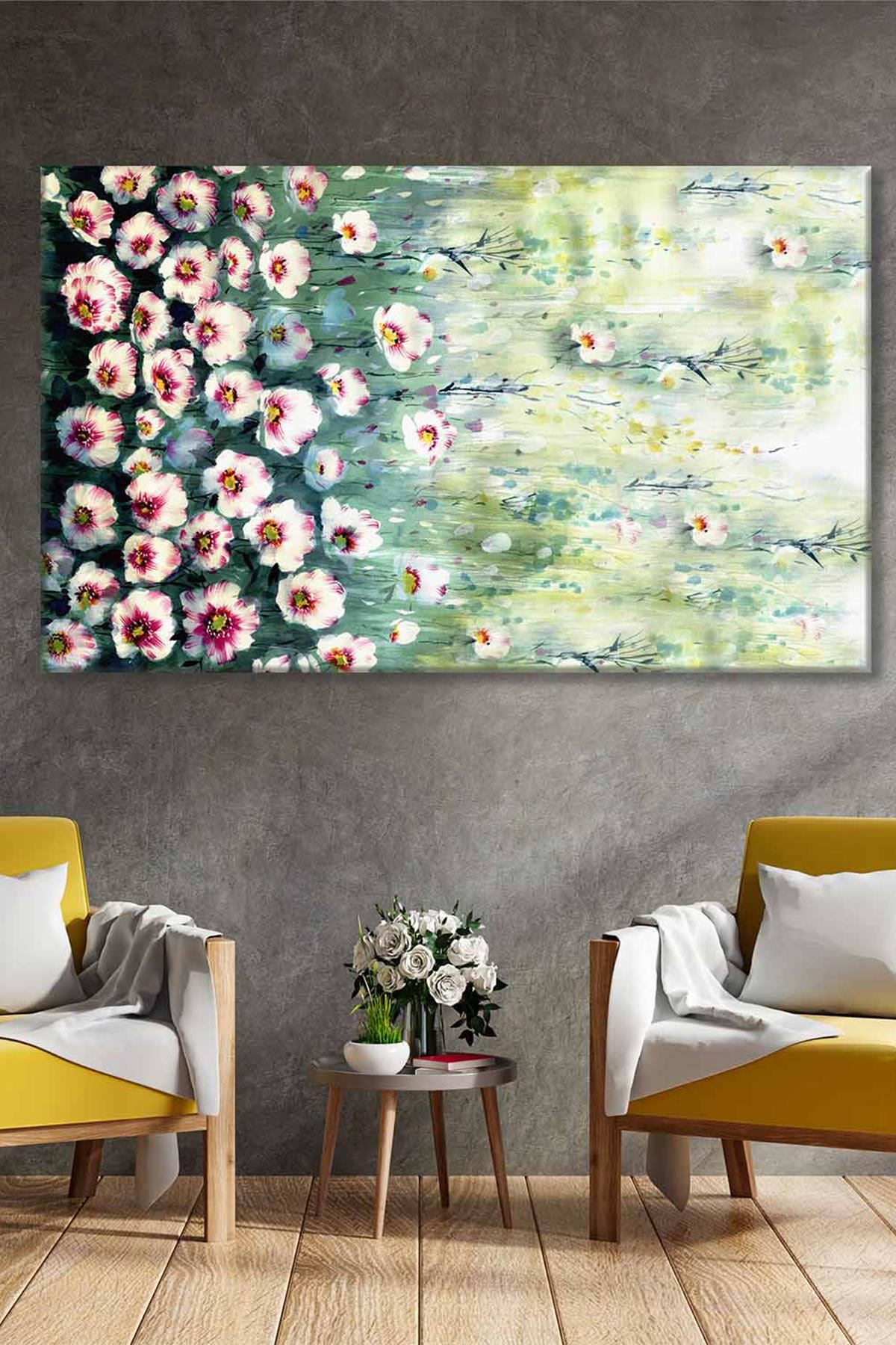 Pembe Beyaz Çiçekler Sulu Boya Efektli  Art Kanvas Tablo 2221799