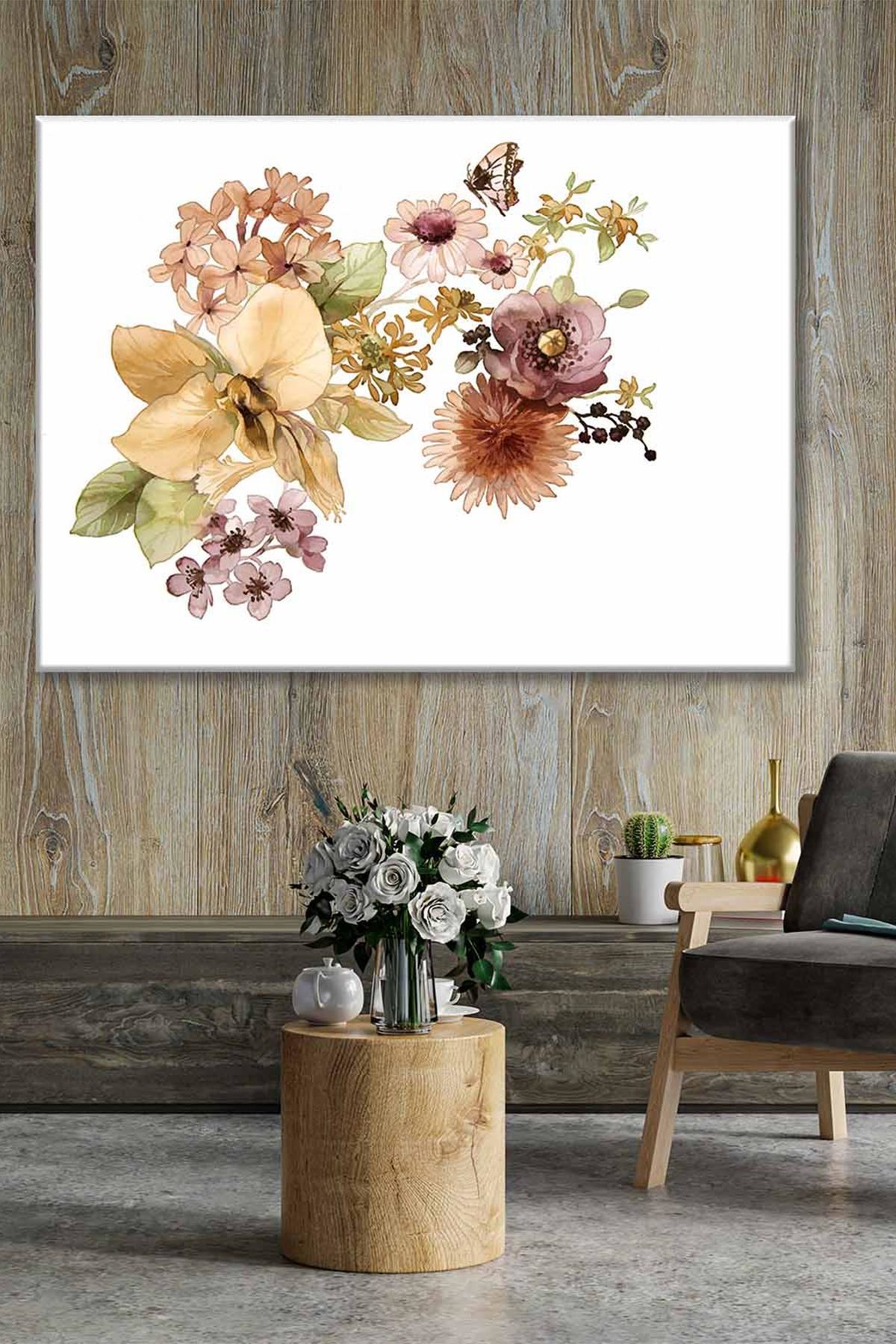 Çiçeklerin Üstünde Gezen Kelebek Sulu Boya Efektli Art Kanvas Tablo 2221868