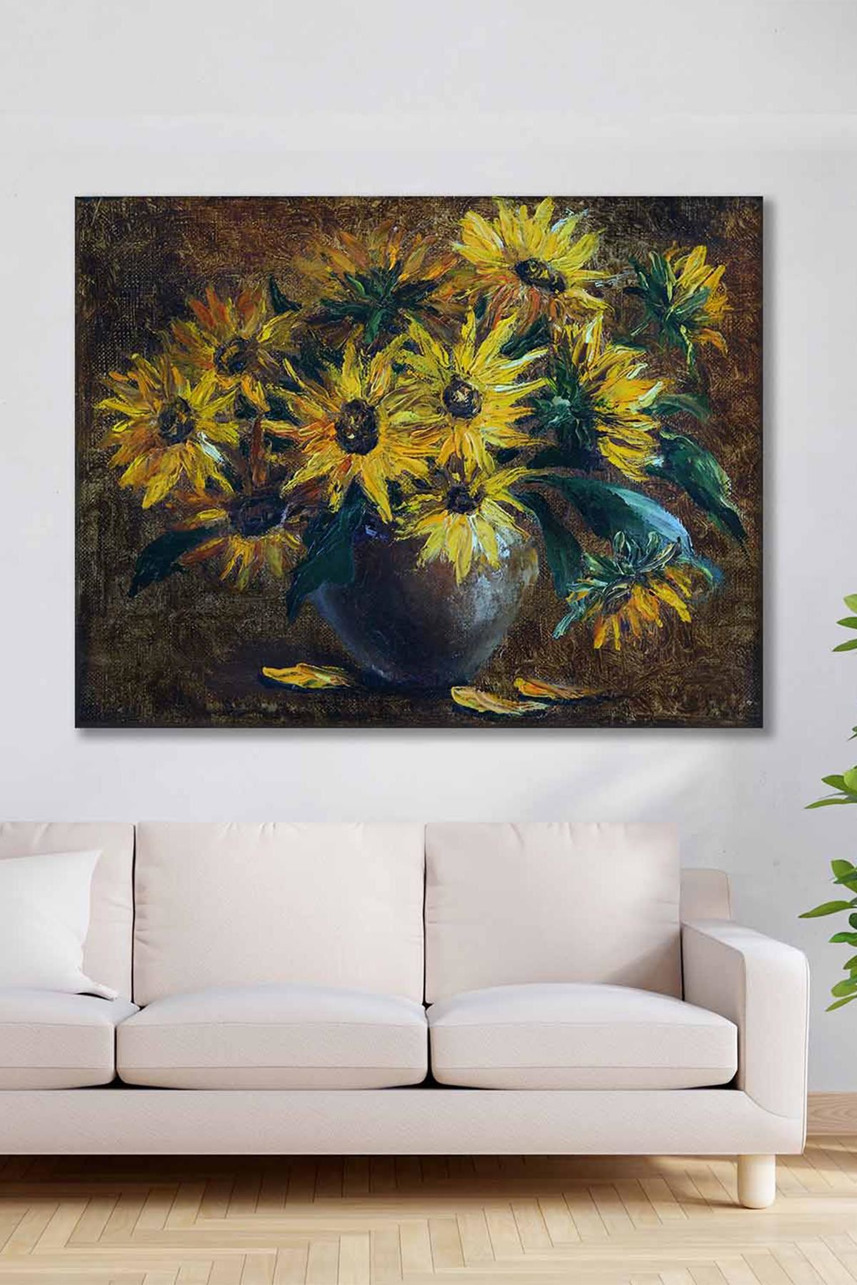 Vazonun içinde Sarı Papatyalar Sulu Boya Efektli Art Kanvas Tablo 2221841