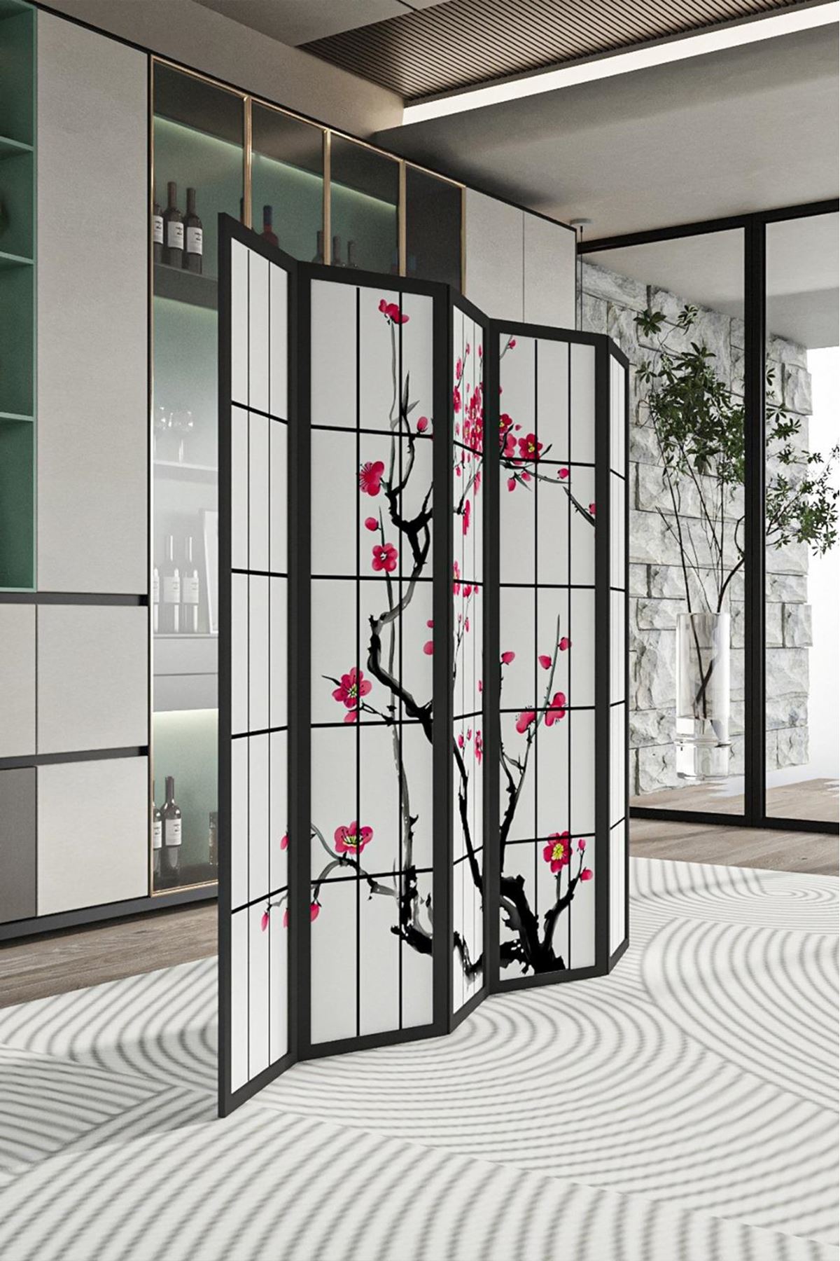 Doğal Ahşap Japon Stil Çiçek Çift Taraf Baskılı 5 Kanat Paravan