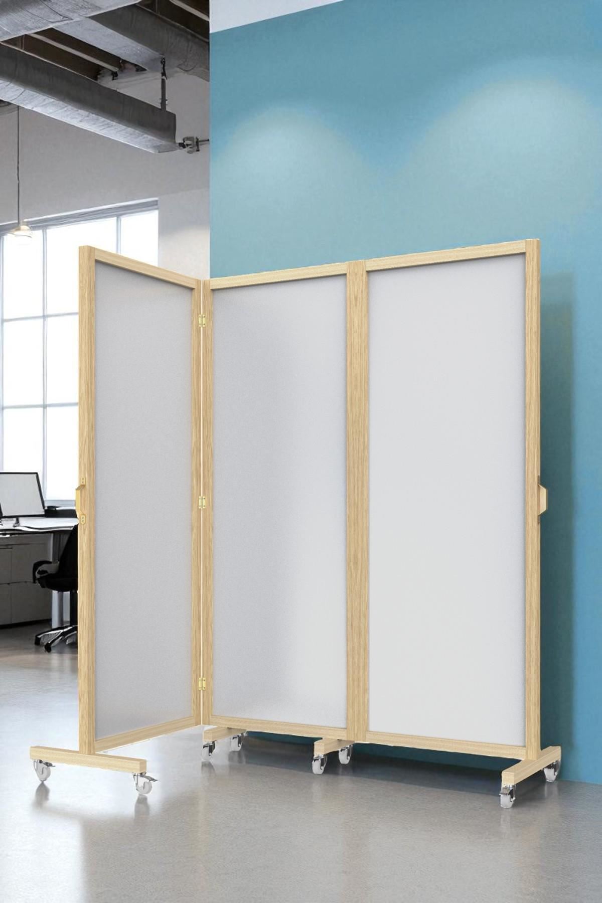 Ahşap Çerçeveli Tekerlekli Paravan | 3 Kanat MDF Yüzeyli Bölme Paneli