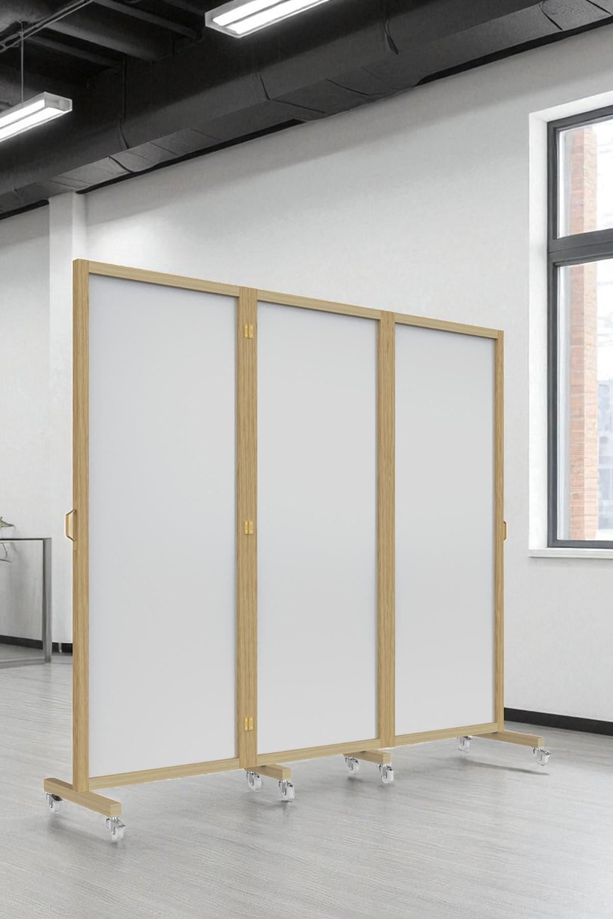 Ahşap Çerçeveli Tekerlekli Paravan | 3 Kanat MDF Yüzeyli Bölme Paneli