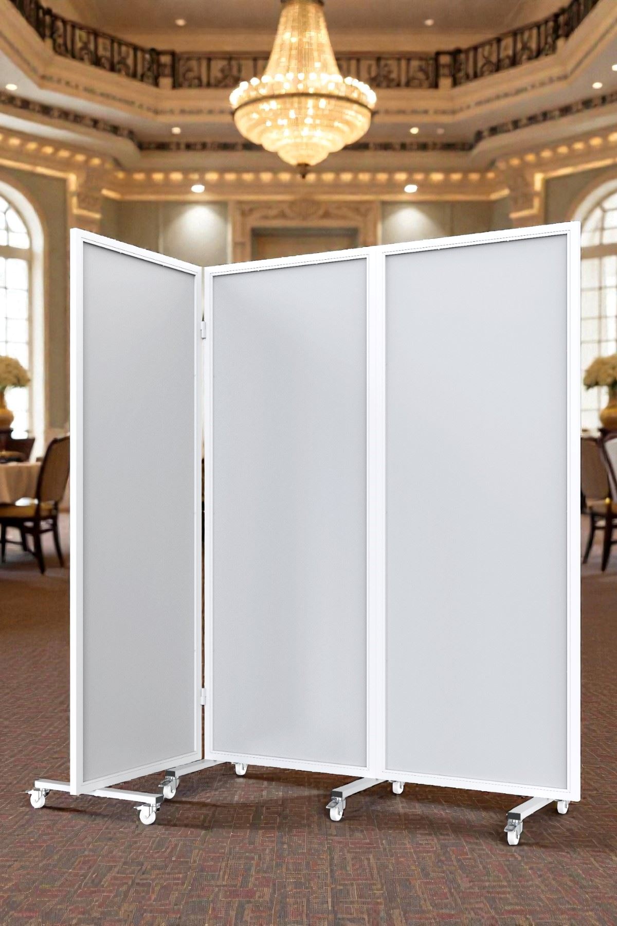 Beyaz Demir Çerçeveli Tekerlekli Paravan | MDF Yüzeyli, 3 Kanat Bölme