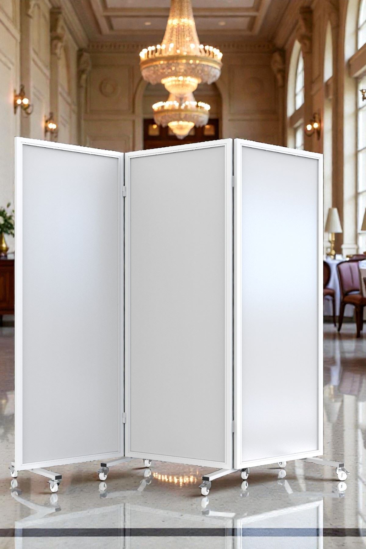 Beyaz Demir Çerçeveli Tekerlekli Paravan | MDF Yüzeyli, 3 Kanat Bölme