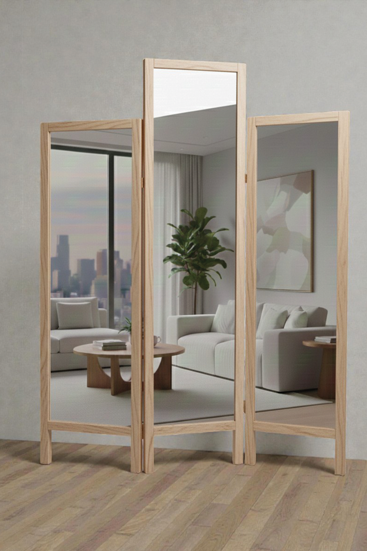 Doğal Ahşap Çerçeveli Ayna Paravan Naturel Renk | Ayaklı Çok Kanatlı Tam Boy Ayna