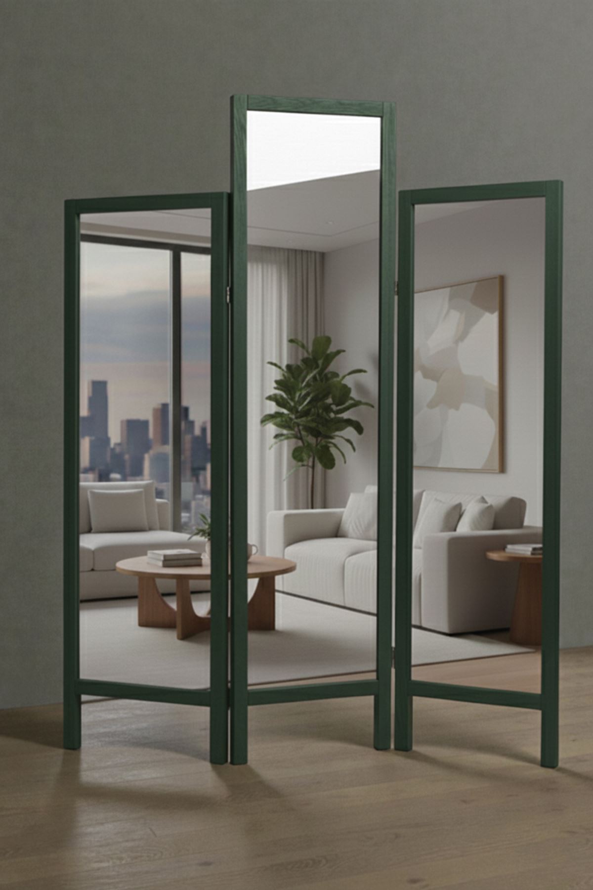 Doğal Ahşap Çerçeveli Ayna Paravan Yeşil Renk | Ayaklı Çok Kanatlı Tam Boy Ayna