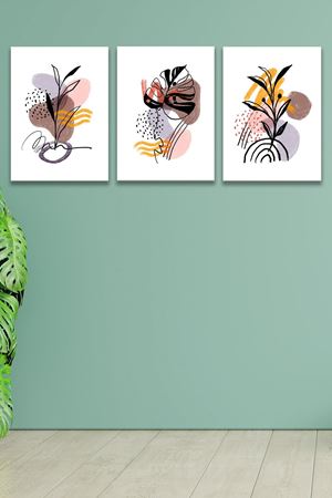 Renkli Yapraklı Üç Parça Takım Kanvas Duvar Tablo 5521149