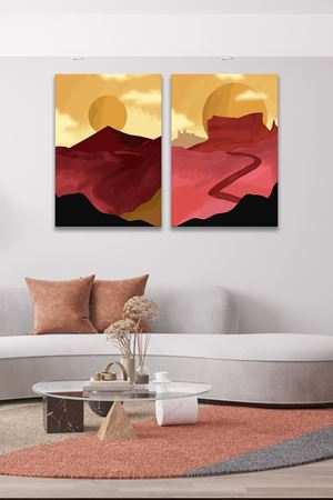 Kırmızı Dağ Çizimi İki Parça Takım Kanvas Duvar Tablo 5521217