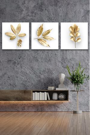 Sarı Renkli Yaprak Üç Parça Takım Kanvas  Duvar Tablo 5521227