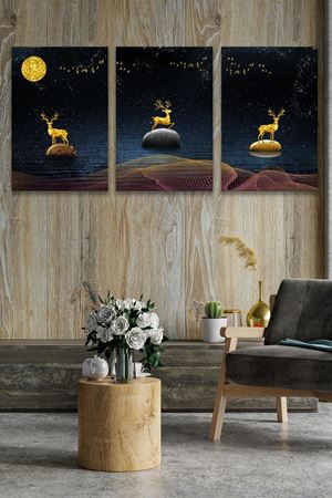 Geyik Modelli Üç Parça Takım Kanvas Duvar Tablo 5521183