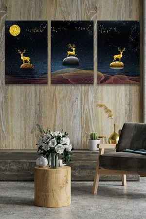 Geyik Modelli Üç Parça Takım Kanvas Duvar Tablo 5521183