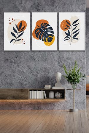 Yaprak Modelli Üç Parça Takım Kanvas Duvar Tablo 5521151