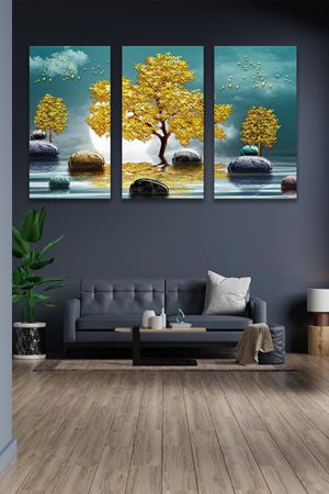 Sarı Yapraklı Ağaç Üç Parça Takım Kanvas Duvar Tablo 5521170