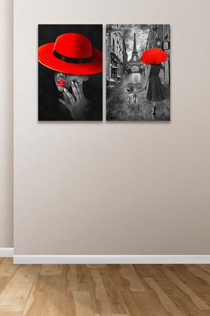 Kırmızı Gösterişli Kadın İki Parça Takım Kanvas Duvar Tablo 5521213