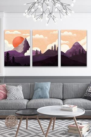 Dağ Manzaralı Üç Parça Takım Kanvas Duvar Tablo 5521158