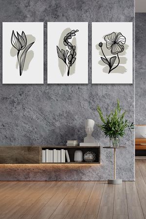 Beyaz Arka Planlı Çiçek Çizimi Üç Parça Takım Kanvas Duvar Tablo 5521203