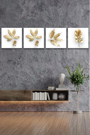 Sarı Renkli Yaprak Dört Parça Takım Kanvas  Duvar Tablo  5521198