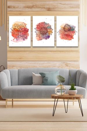 Renkli Papatya Üç Parça Takım Kanvas Duvar Tablo 5521164