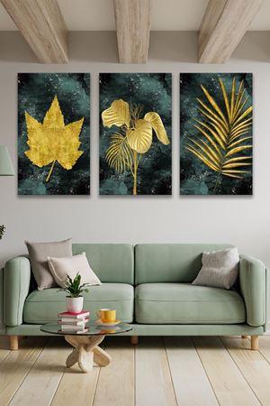 Sarı Yapraklı Üç Parça Takım Kanvas Tablo 5521172