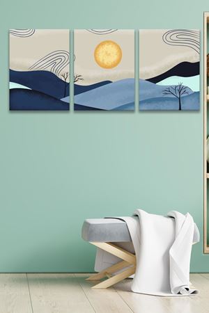 Lacivert Dağ Çizimi Üç Parça Takım Kanvas Duvar Tablo 5521210