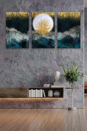 Sarı Ağaçlı Üç Parça Takım Kanvas Duvar Tablo 5521179