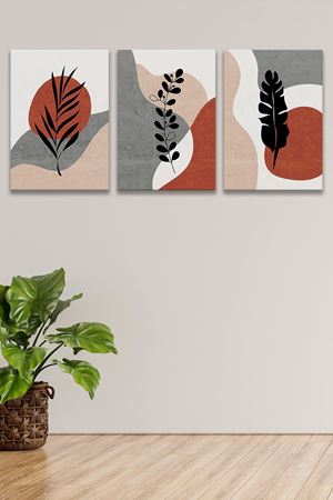 Yaprak Desenli Üç Parça Takım Kanvas Duvar Tablo 5521147