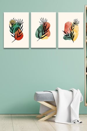 Renkli Siyah Yaprak Üç Parça Takım Kanvas Duvar Tablo 5521197